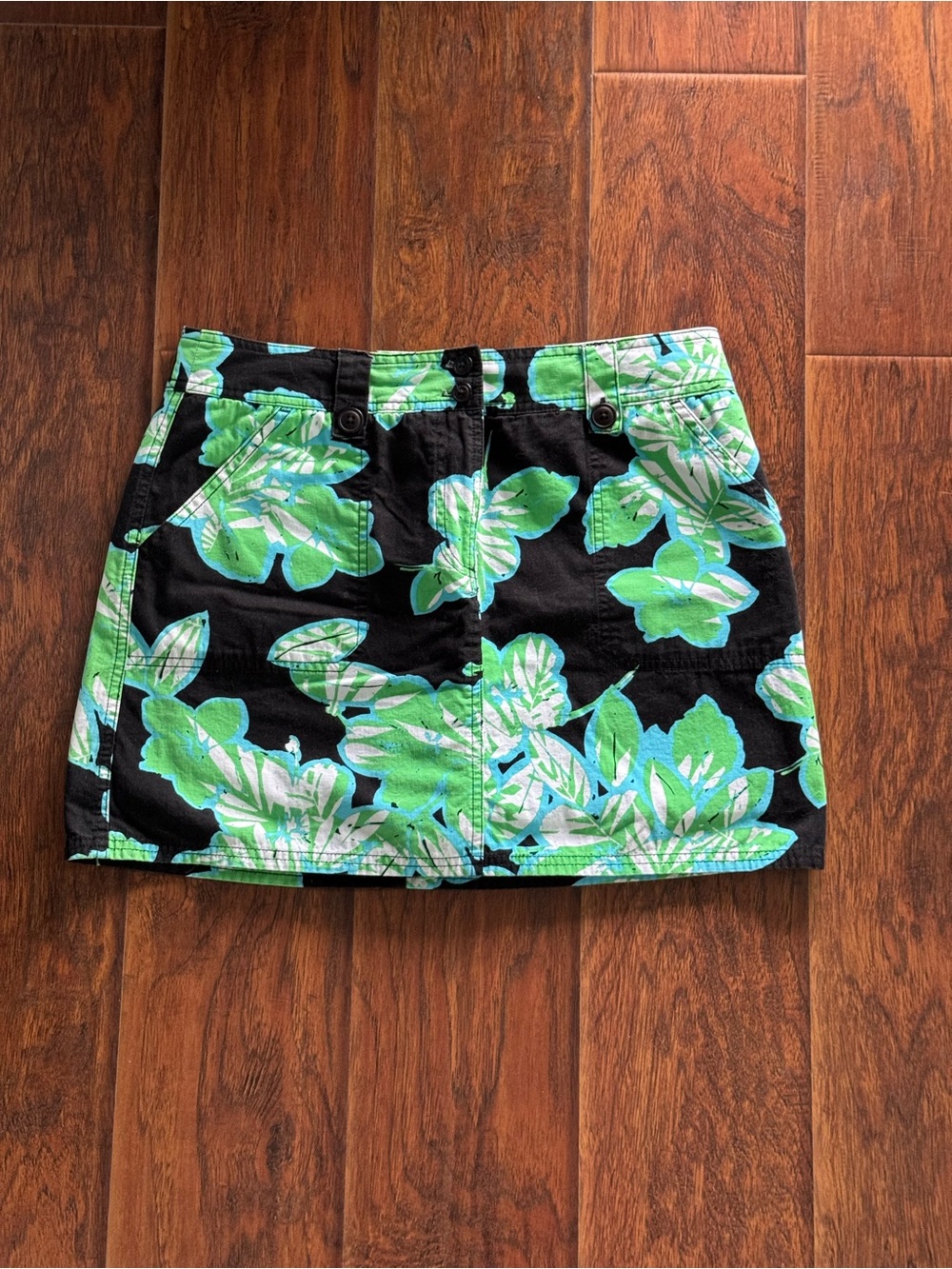New York & Company Black Skirt with Green and Aqua Floral Print